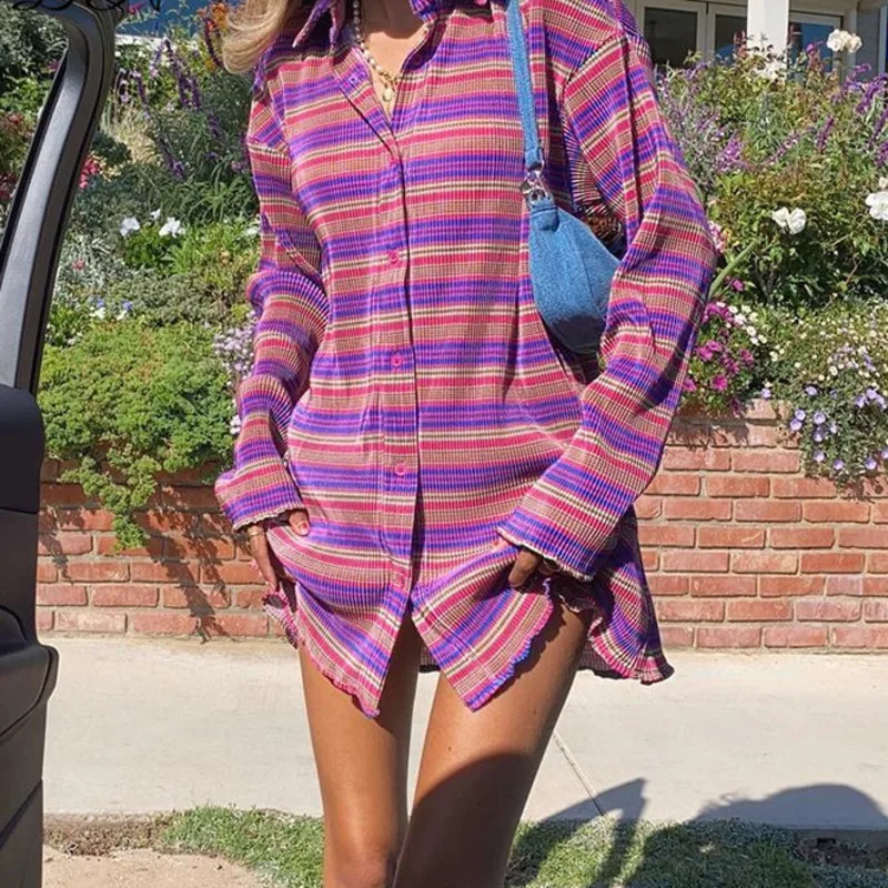 

Женское однобортное платье-рубашка в полоску, повседневное свободное платье-мини с длинным рукавом, V-образным вырезом и винтажным принтом, ...