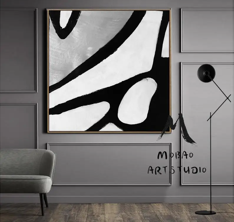 

Белая абстрактная живопись, Минималистичная живопись, большая черно-белая Минималистичная живопись на холсте, серебристо-серые картины