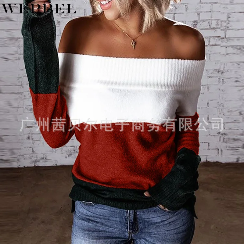 

WEPBEL Sweater Women's Casual Stitching Loose Off-Shoulder Sweater Autumn Long Sleeve Slash Neck Striped Pullover Sweater