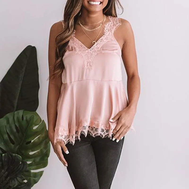 Летний сексуальный розовый кружевной топ без рукавов на бретельках с v-образным