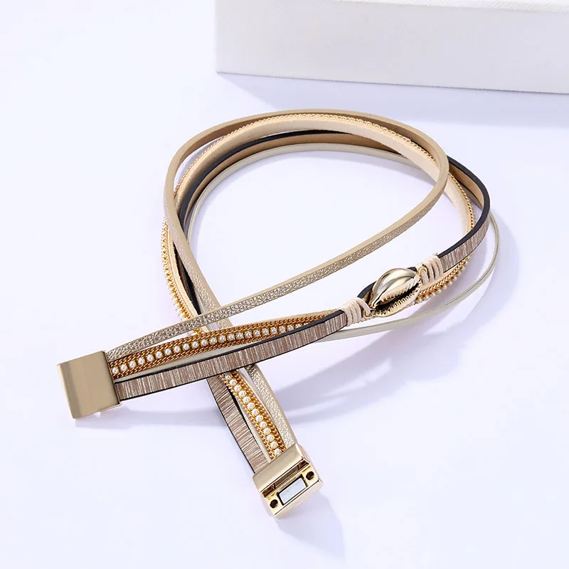 Модный Многослойный кожаный браслет с жемчугом кристаллами и ракушками