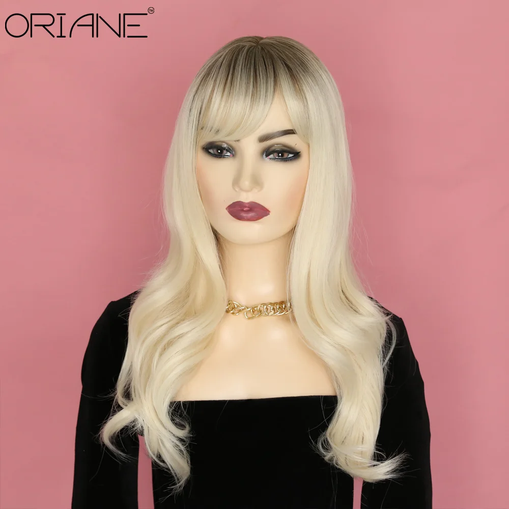 

ORIANE Black Blonde Synthetic Wigs With Bangs For Girls Natural Hairline Lolita Cosplay Wigs Long Wave High Temperature Wigs