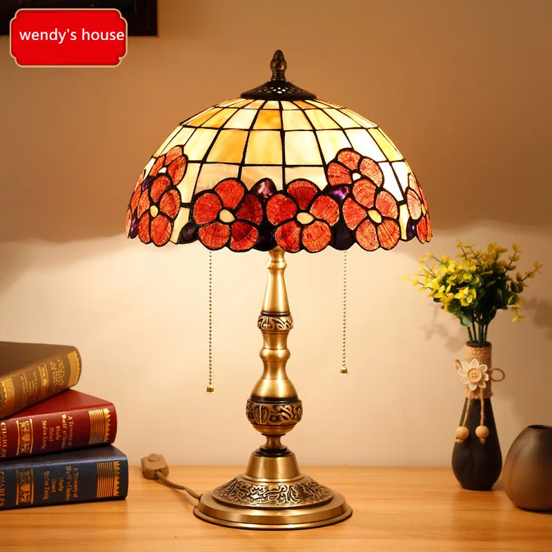 

European-Style Shell Table Lamp Retro Pastoral Tiffany Pure Copper Living Room Decoration Study Bedroom Bedside Lamps E27