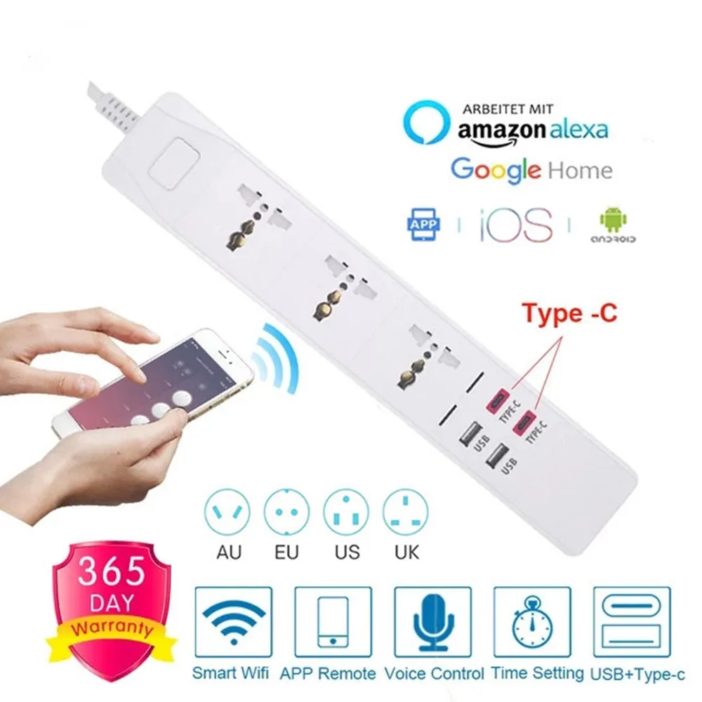 Wifi Universal Smart Power Strip 3 Outlets Socket 2 USB 2 Type-c 3.0A Quick Charge Voice Control for Alexa Google Assistant