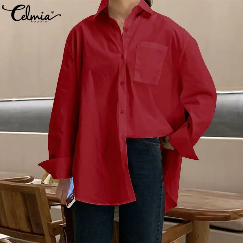 

Осень 2021, модные женские белые рубашки Celmia с длинным рукавом, дизайнерская рубашка с разрезом сзади, Элегантные Свободные повседневные одно...