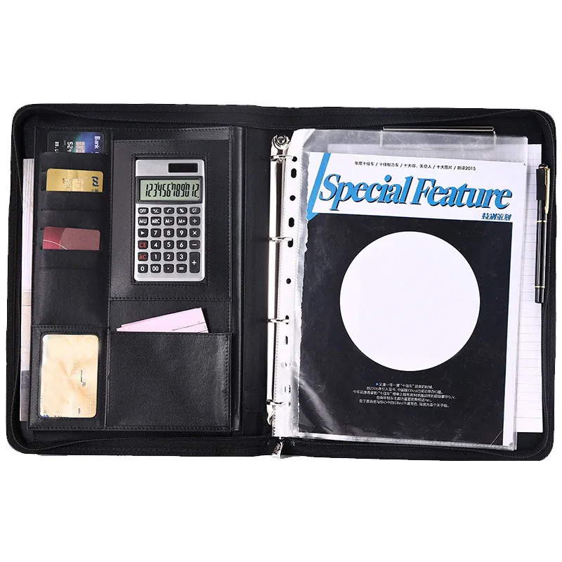 

Hot Sale A4 Multifunctional Folder PU Leather Zipper Bag for Notebook Business Travel