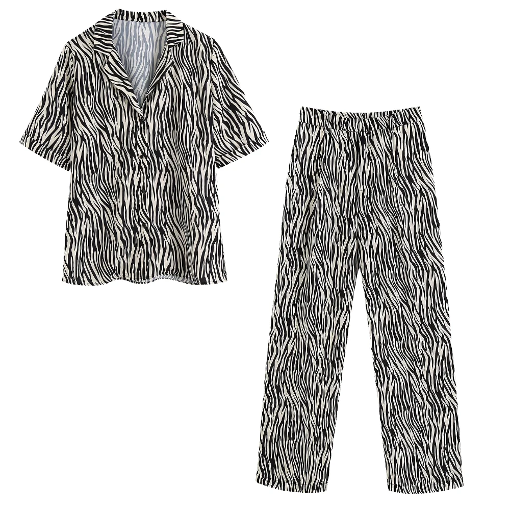 new summer suits women two piece set Zebra pattern short sleeves shirt blouse & trousers ensemble femme conjunto 2 piezas mujer | Женская