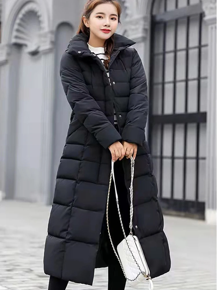 

Женская длинная пуховая куртка с капюшоном, Осень-зима 2021, новая Корейская приталенная куртка выше колена со съемным искусственным воротни...