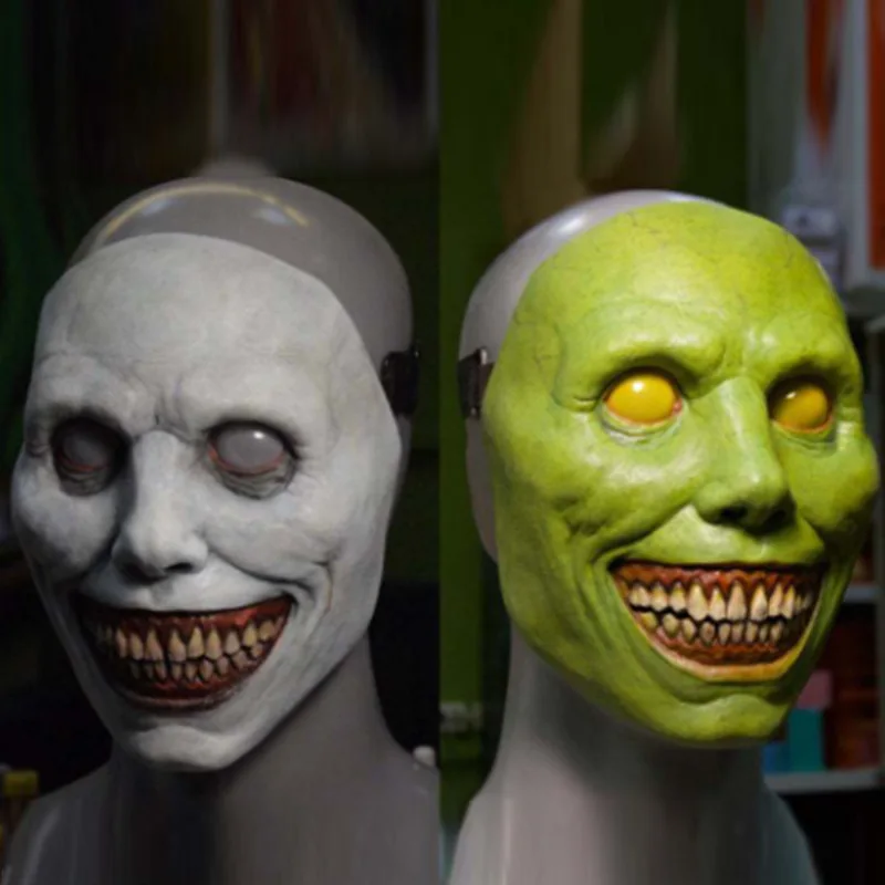

Horror Halloween Devil Mask White Green Eyed Demon Smile Mask Cosplay Exorcist Butcher Spooky Demon Face Fashion Mask