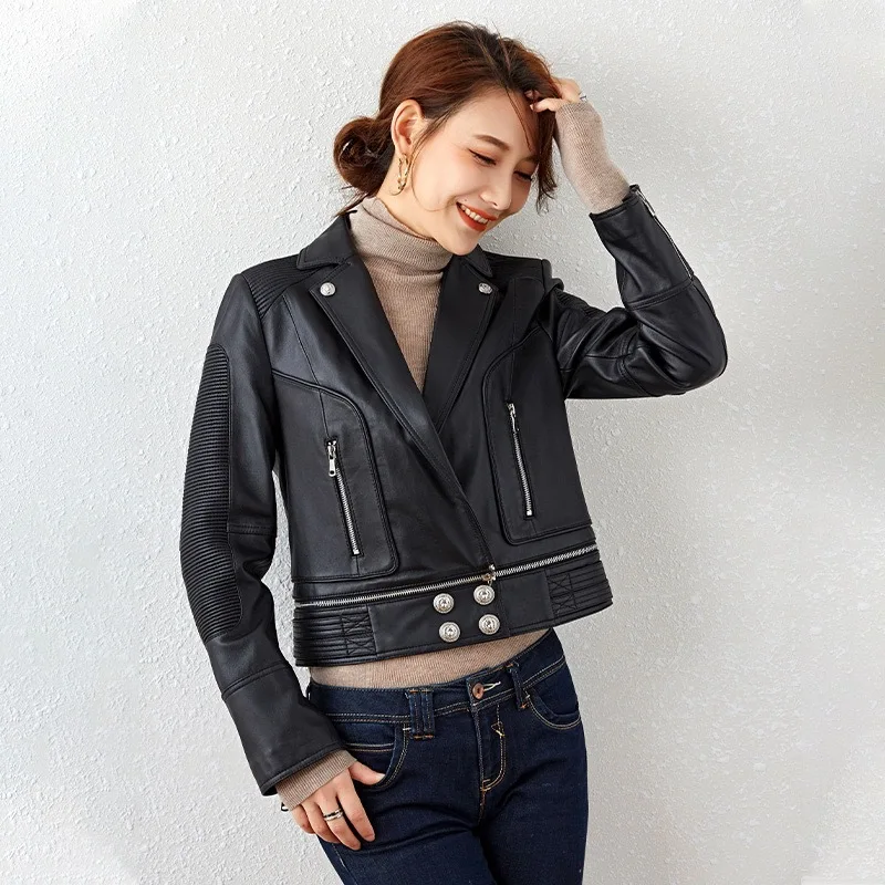 Abrigo de cuero de oveja auténtico para mujer, piel de oveja auténtica, chaqueta ajustada industrial pesada para motocicleta, ropa de moda