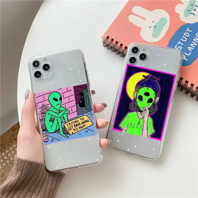 

Aesthetics Cartoon alien space Phone Case Clear Transparent for iPhone 11 12 13 mini pro XS MAX 8 7 6 6S Plus X 5S SE XR 2020