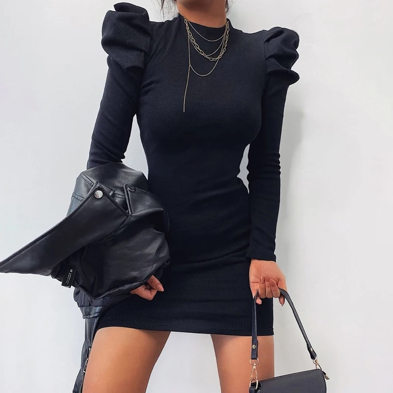 

2020 New Hot Selling Women'S Dress Round Neck Bubble Sleeve Solid Color Slim Sexy A-Line Skirt In Autumn And Winter