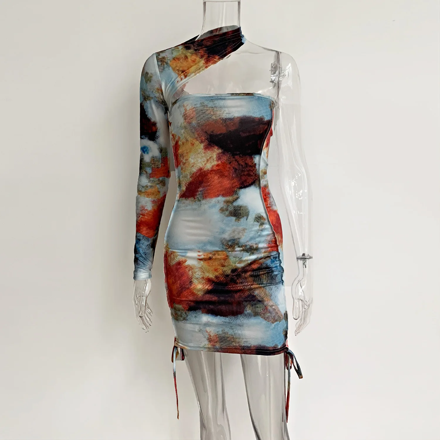 

One Shoulder Women Mini Dresses 2021 Summer Sexy Club Party New Fashion Clothing Workout Drawstring Activewear Skinny Vestidos