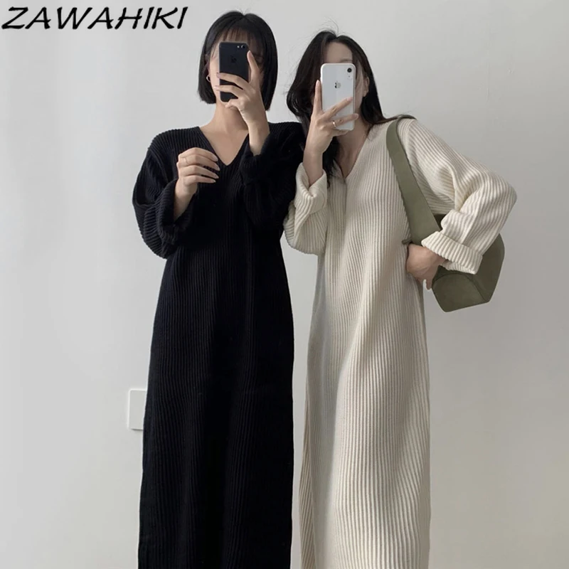 

Женское трикотажное платье zawhiki, прямое свободное повседневное однотонное платье-свитер с длинным рукавом и V-образным вырезом в корейском ...