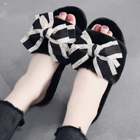 bowknot decorated cotton slippers ladies home thick soled cute 2020 new warm fur slippers autumn and winter home wear flop flops