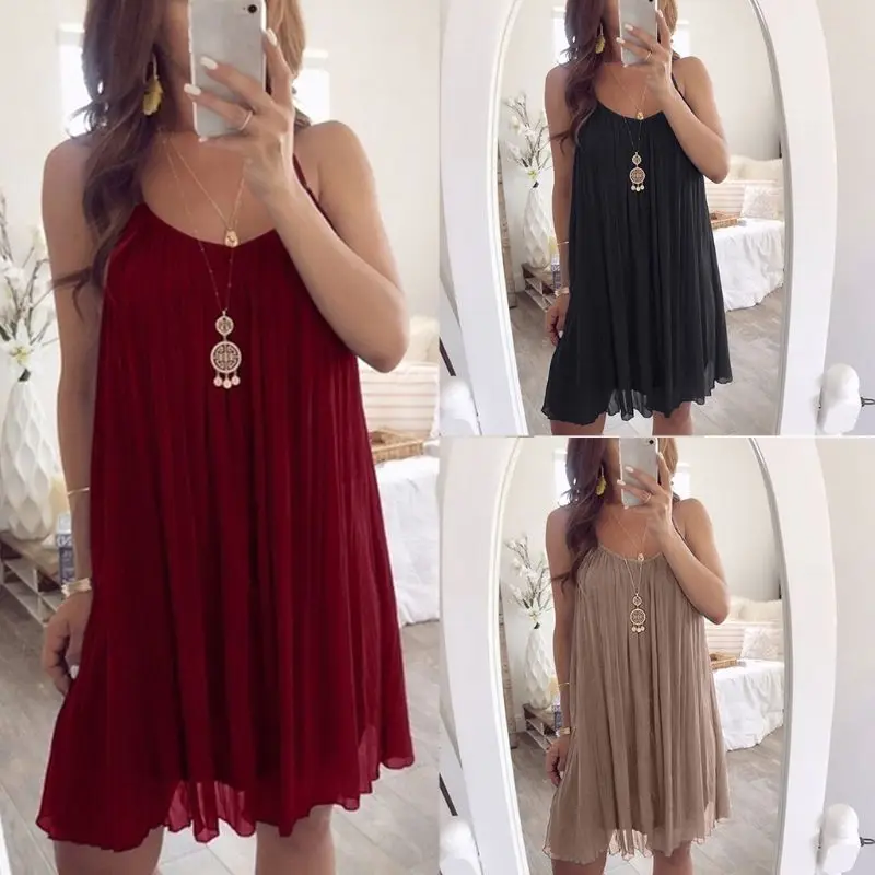 

Womens Plus Size Spaghetti Straps Chiffon Vest Mini Dress Pleated Layered Cami Front Solid Color Loose Flare Swing Party Beach