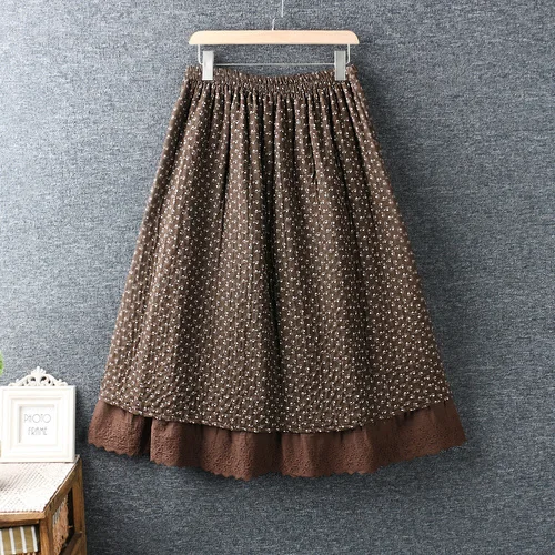 Dark Brown Осенняя Женская длинная юбка с эластичной талией и цветочным принтом, двухслойная Свободная Женская юбка, Ретро стиль, Mori Girl, Harajuku, повседневная юбка, Saia - Цвет: Dark Brown