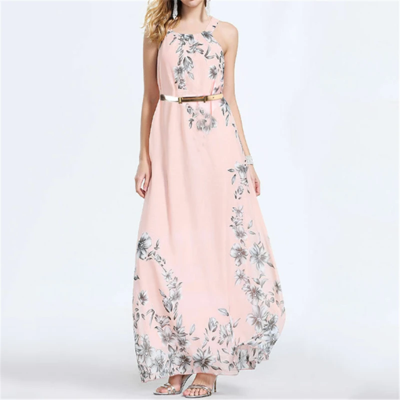 Красивое женское платье макси без рукавов с цветочным принтом и поясом | Женская