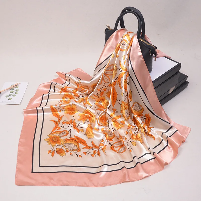 

2021 spring Female new 90X90CM Square Shawls and Scarves Fashion Kerchief Women Bandana Floral Print Sunscreen Silk Satin Scarfs