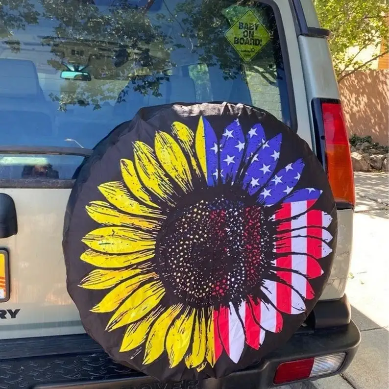 

REAL PICTURE, Sunflower American Flag, American Flag Sunflower Spare Tire Cover Car Accessories, Spare Tire Cover