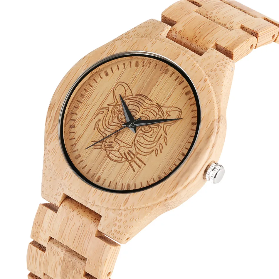 

Pure Bamboo Wood Men Watch Etching Animal Head Display Men's Casual Wooden Bangle Wrist Watches Folding Clock Quartz Timepiece