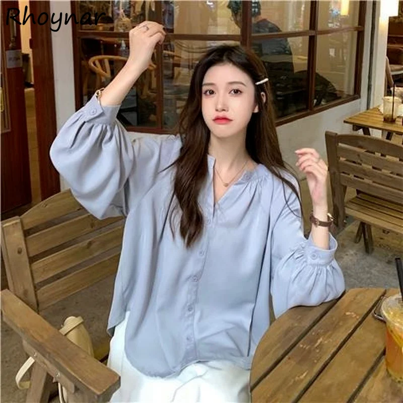 

Shirts Women Lantern Sleeve Solid College Casual Single Breasted All-match Lady Autumn Fashion Elegant Korean Style Cozy Simple