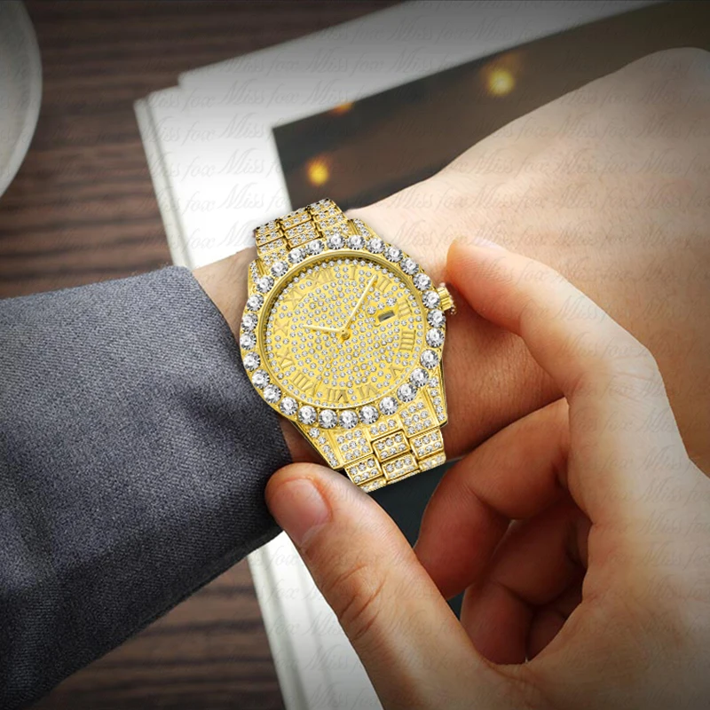 

Dropshipping Big Diamond Red Mens Watches Top Luxury Brand 18K Gold Watch Men Stainless Steel Link Analog Best Quartz Wristwatch