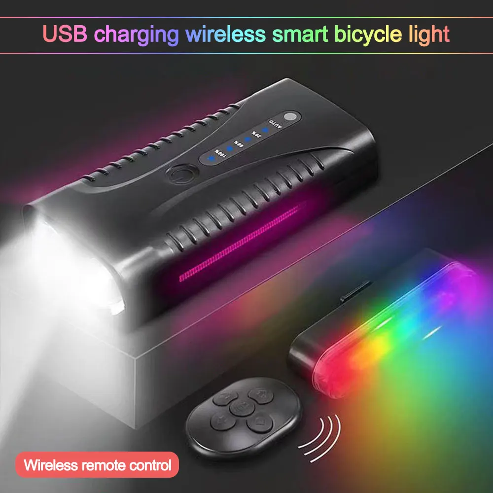

Newest 2021 Bicycle Taillight Headlight Smart Sensor With Horn Colorful Wireless Headlight Taillight Kit USB Charging Bike Light