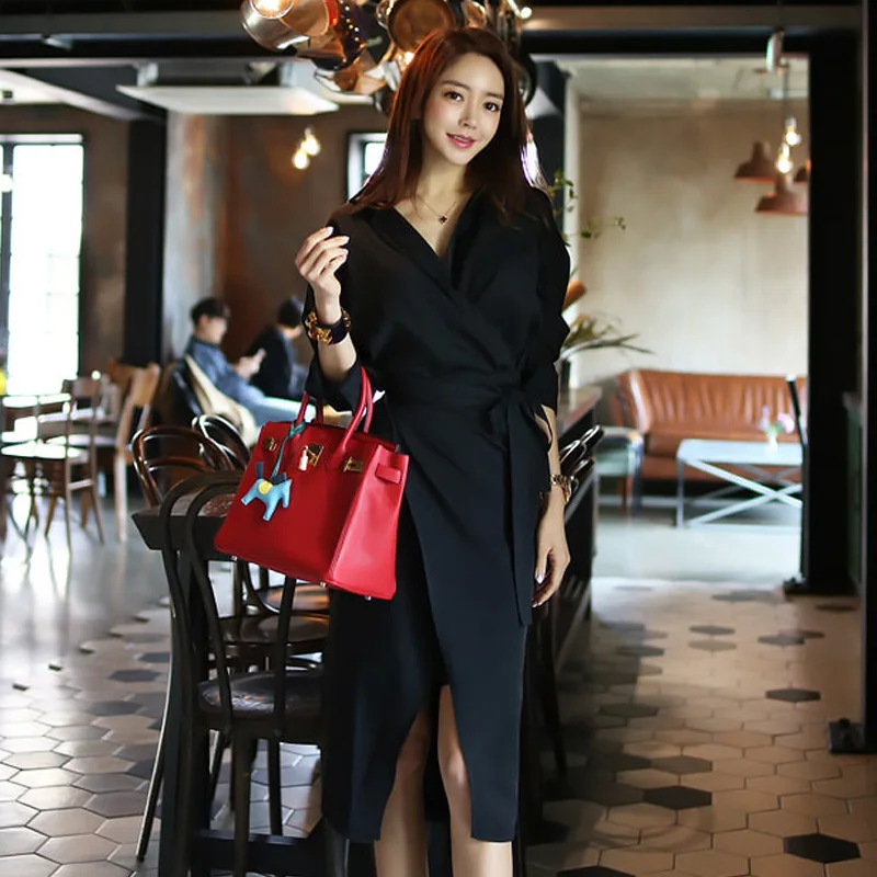 Женское платье карандаш с V образным вырезом длинным рукавом и поясом|Женские