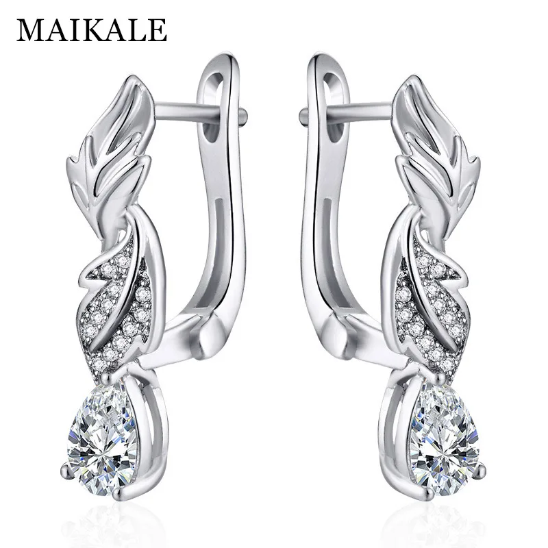 MAIKALE, классические серьги-гвоздики с листьями, длинные серьги в форме капель с белым кубическим цирконием, золотистый, серебристый, Простой корейский стиль, серьги для женщин - Окраска металла: Silver