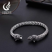 fongten wolf men bracelet bangle silver color stainless steel braided opening adjustable bangles fashion jewelry