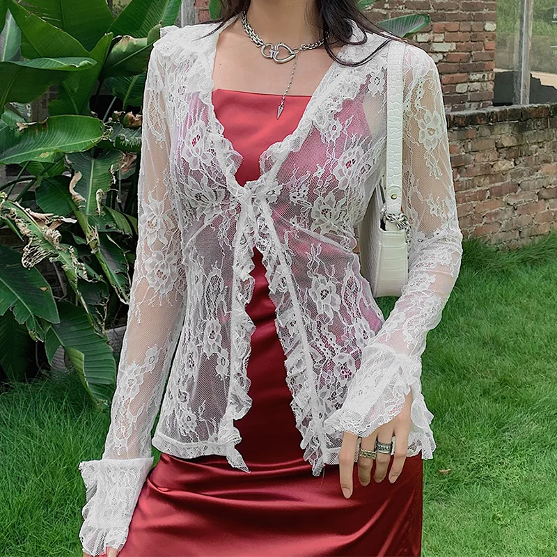 

2021 New Autumn Sexy Perspective Fashion Casual Slim Top Women White Lace Long Sleeve V-neck Clothing Ladies T-shirt Jacket