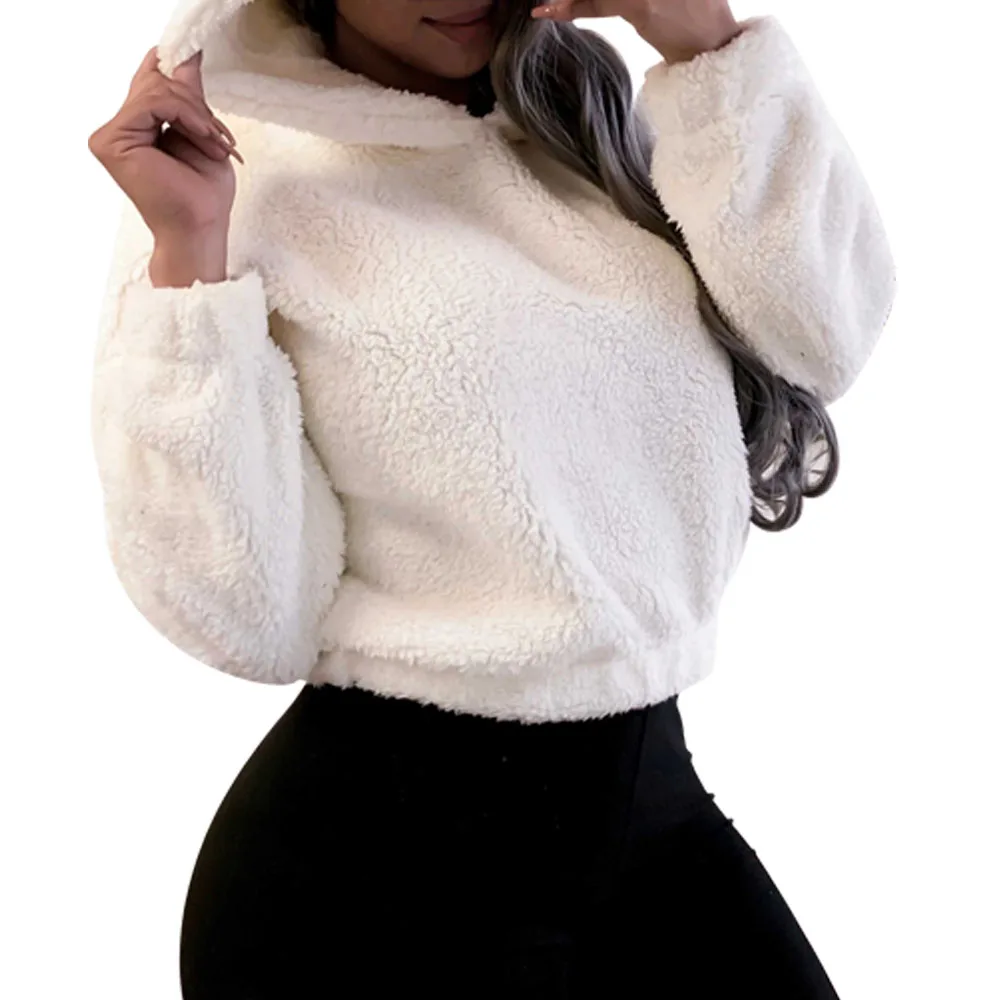 

YICIYA Warm Plush Hoodies Women Autumn Shoulder Crop Top Teddy 2019 Fashion Pullover Kawaii Sweatshirt Harajuku Hooded Hoody