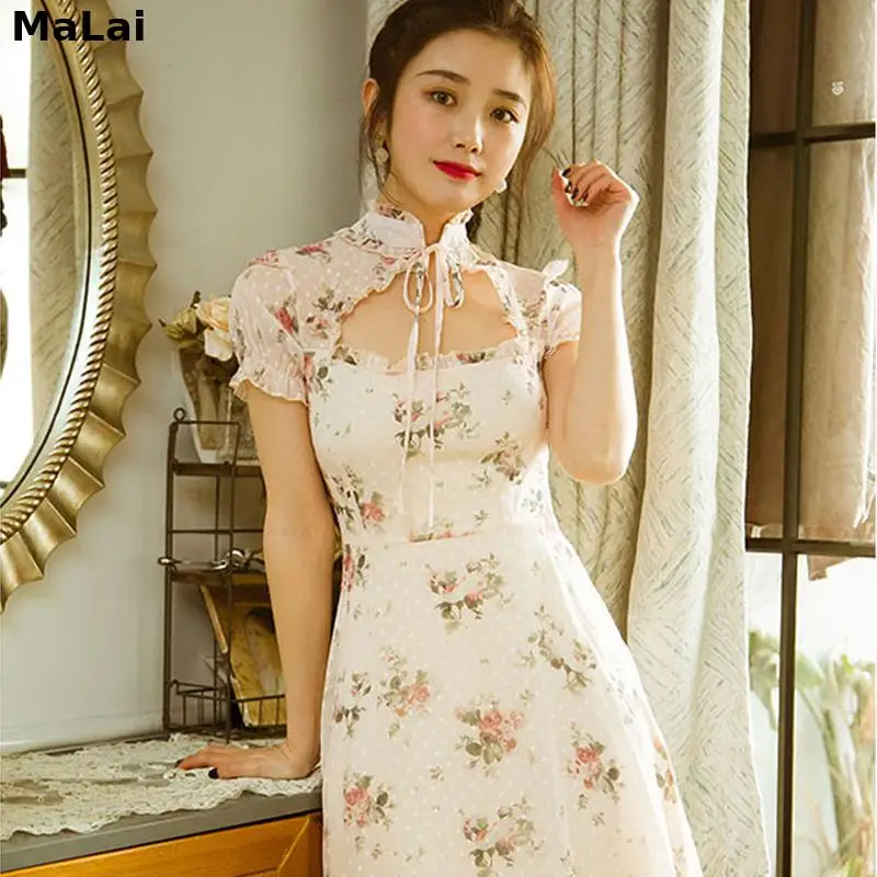 

Chinese Style Summer Women Mini Dress With Lining Stand Collar Apricot Dot Floral Dress Gorgeous Vintage Elegant Chiffon Dress