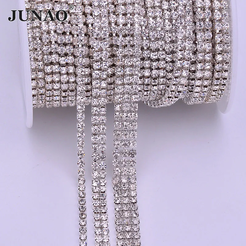JUNAO 1, 2, 3 ряда, 1 ярд, прозрачные хрустальные стразы, отделка цепи, шитье страз, окантовка, стекло, коготь, Хрустальная аппликация для одежды, ремесла