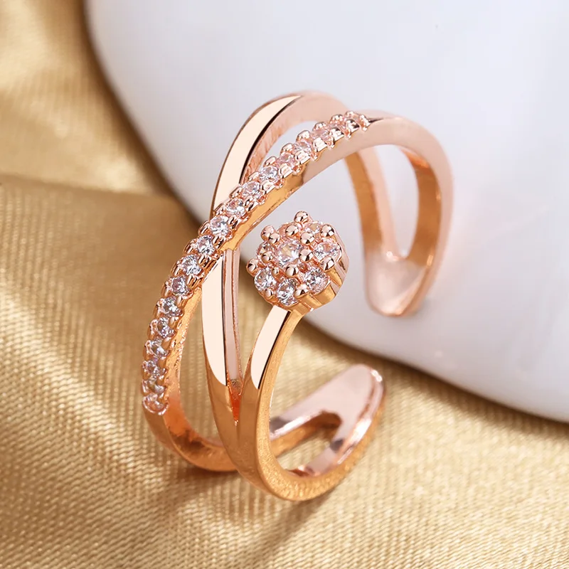 

New Fashion X-Cross Rose Gold Wedding Rings Shiny Crystal Zircon Stone Stud Simple Style Female Romantic Open Ring Jewelry Gifts