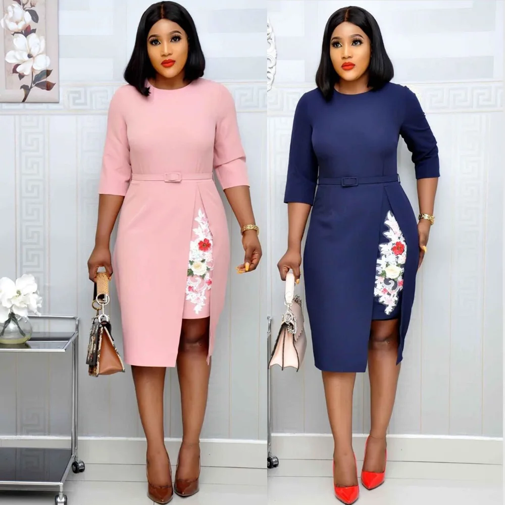 Офисное женское платье карандаш три четверти до середины икры с поясом без