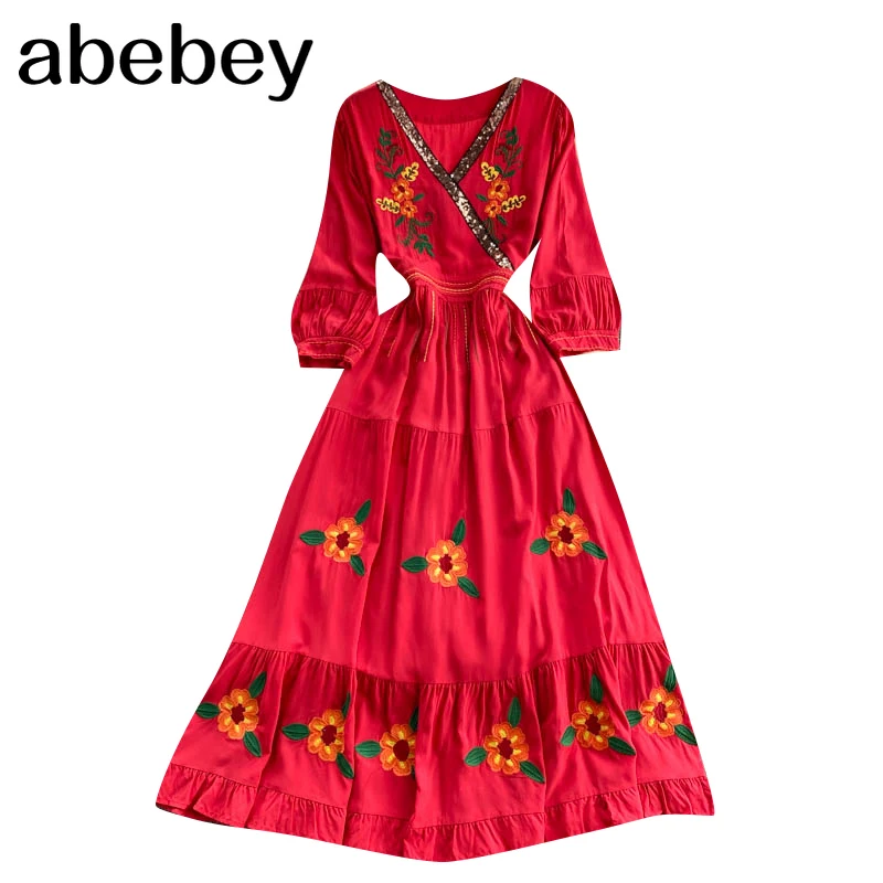 

Women Vintage Embroidery Dress V Neck Short Sleeve Casual A-line Dresses 2021 Summer Bohemian Vacation Long Sundress