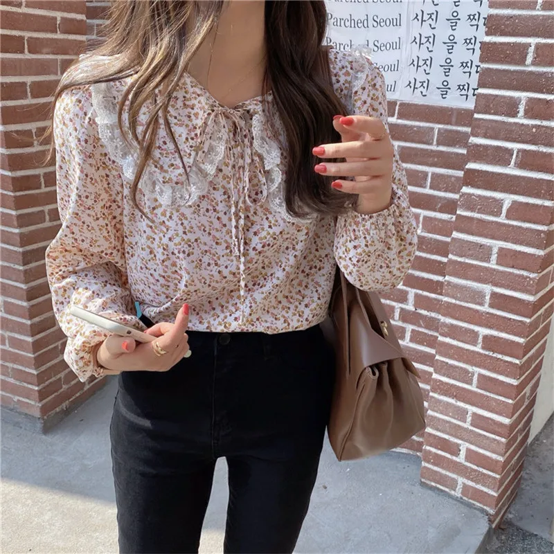 

RUGOD 2021 Spring New Product Doll Collar Floral Top Chiffon Printed Shirt