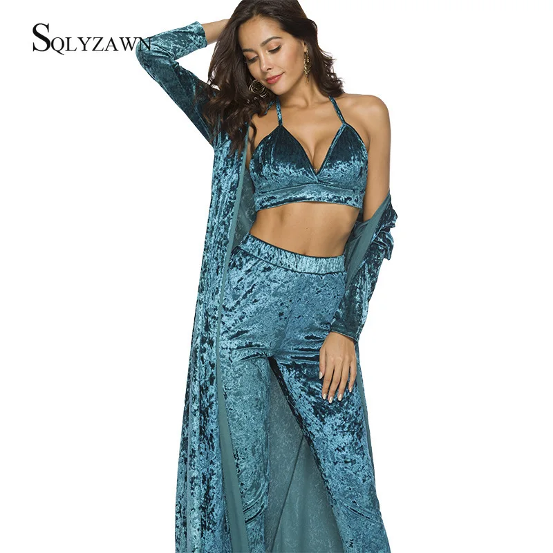 Женский бархатный комплект из 3 предметов укороченный топ на бретельках с