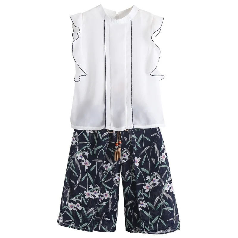 

2021 summer girls Korean chiffon tops and pants, big children's summer suits, baby two-piece suit