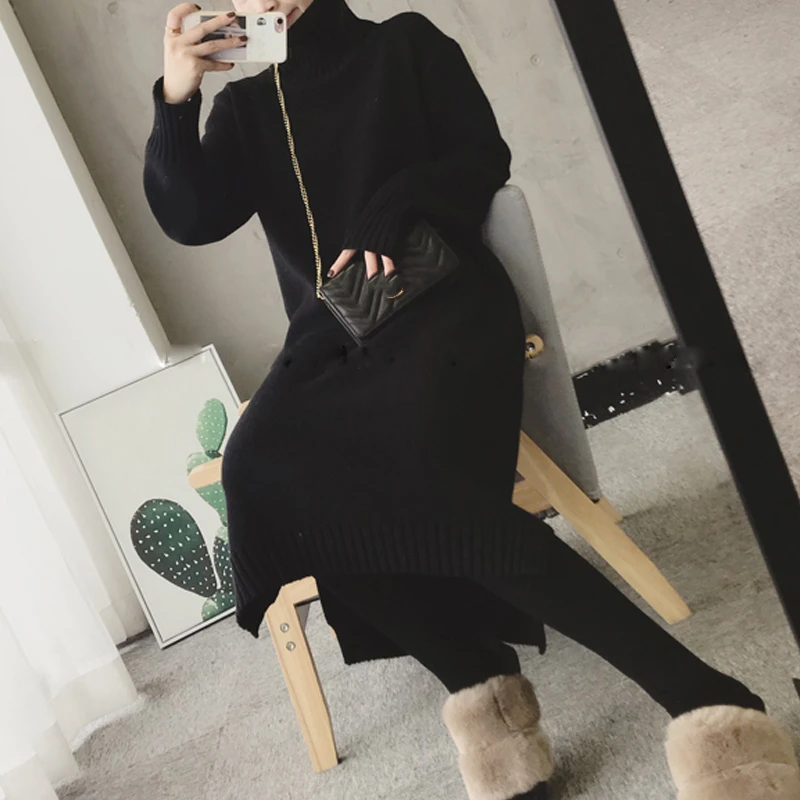 

Wavsiyier 2020 Sweater Dress Women Knitted Winter Thick Jumper Dresses Woman Solid Korean Style Autumn New Casual Pollover Warm