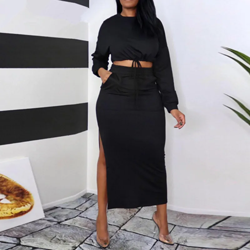 

2021 Women Two Piece Casual Dress Suits Spring And Summer Long Sleeve Crop Top & Slit Maxi Skirt Set For Woman