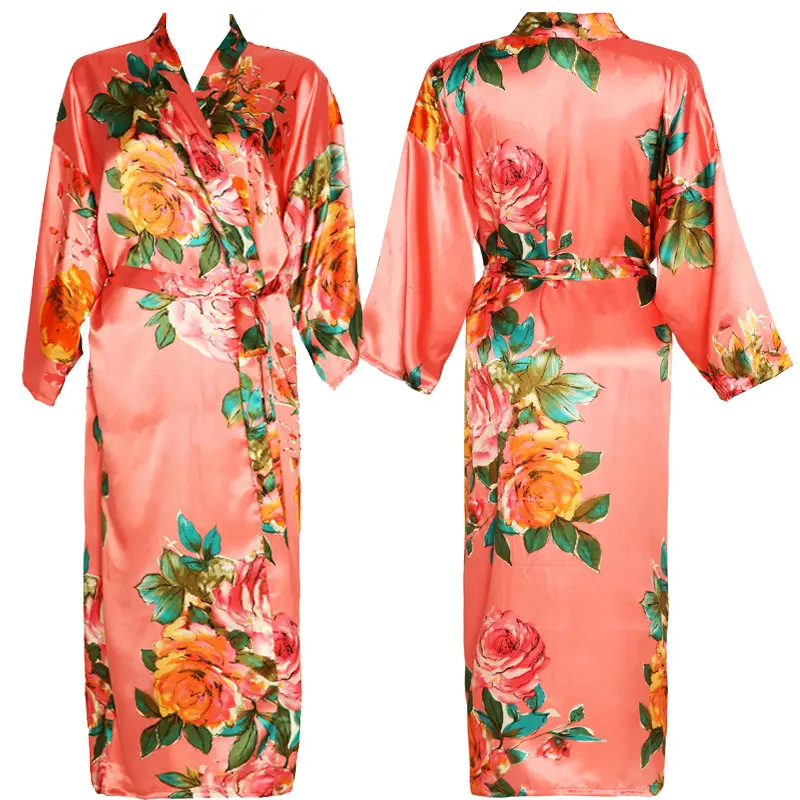 satin Long Floral Robe Kimono robe Silk Satin Flower Bathrobe Night Dress Wedding Robes for women Bridesmaids Bride Sleepwear