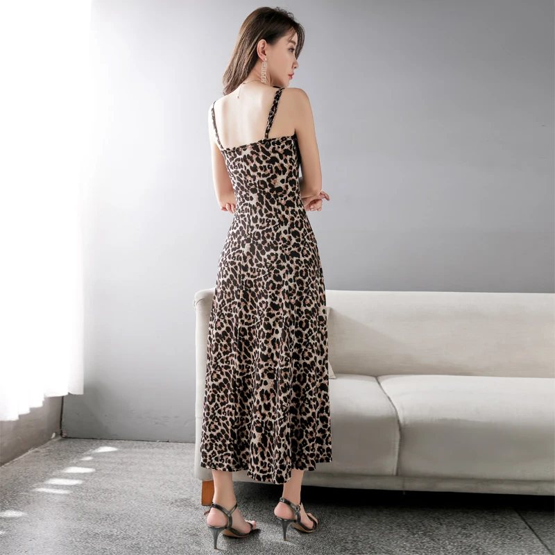 

Vintage Leopard Print Suspender Spring-Summer New Type Women's V-neck Slit Overknee Sexy Inner Wear Outer Dress