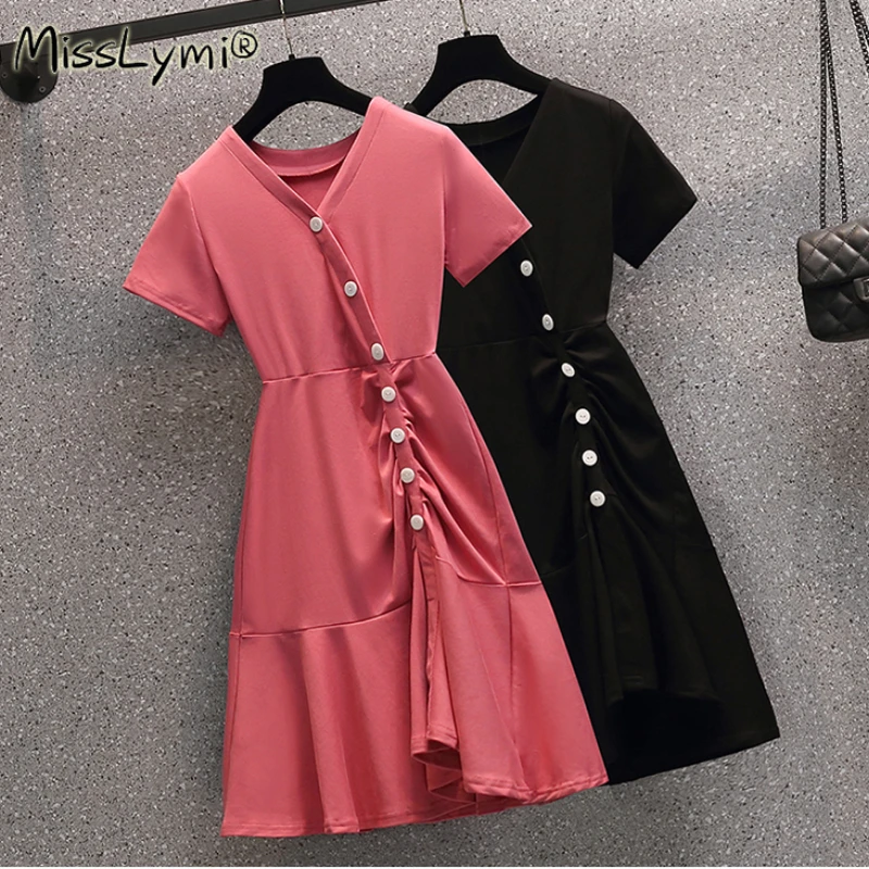 

4XL Plus Size Women Solid Color Elegant Warp Dress Summer 2021 V-Neck Short Sleeve Buttons Loose Casual Ruched Ruffle Dresses
