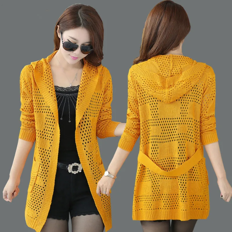 #4002 Spring Summer Thin Women Sweater Cardigan Loose Long Kimono Knitted Sweater Coat Hollow Out Hooded Female Knitwear Coat
