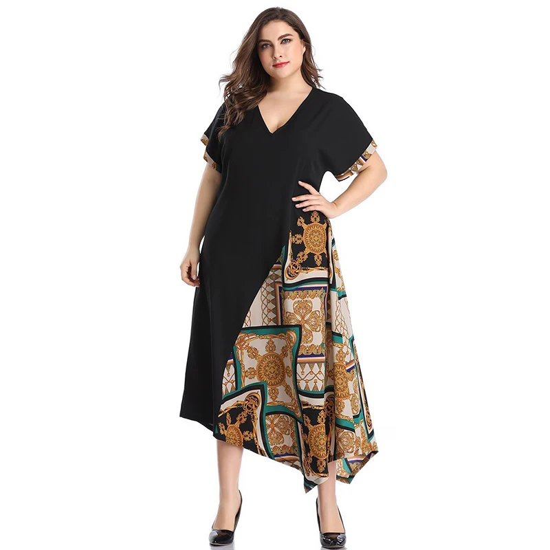Женское длинное платье с принтом большого размера треугольным вырезом и
