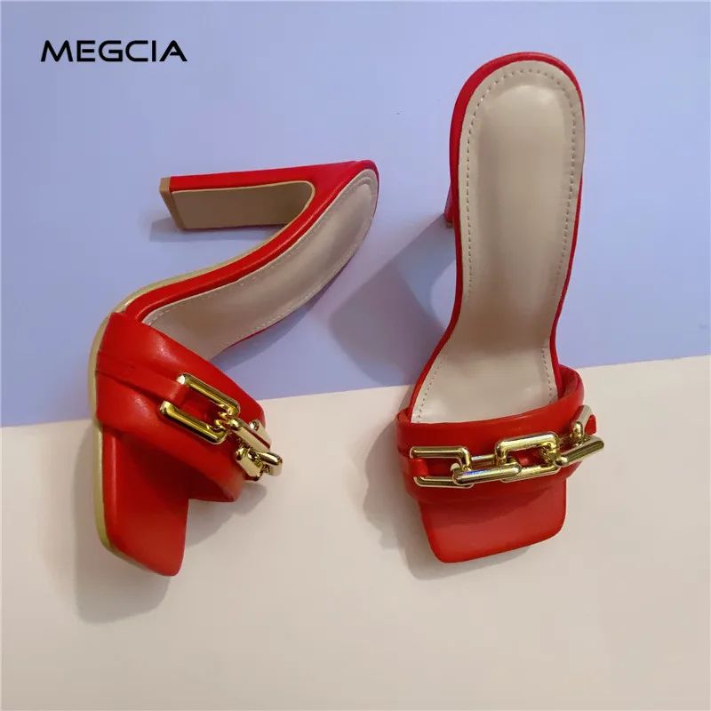 

MEGCIA Brand Women Slippers Sandals With Gold Chain Sliders Shoes High Heels Summer Shoes Red Blue Black 2021 Big Size New M06M