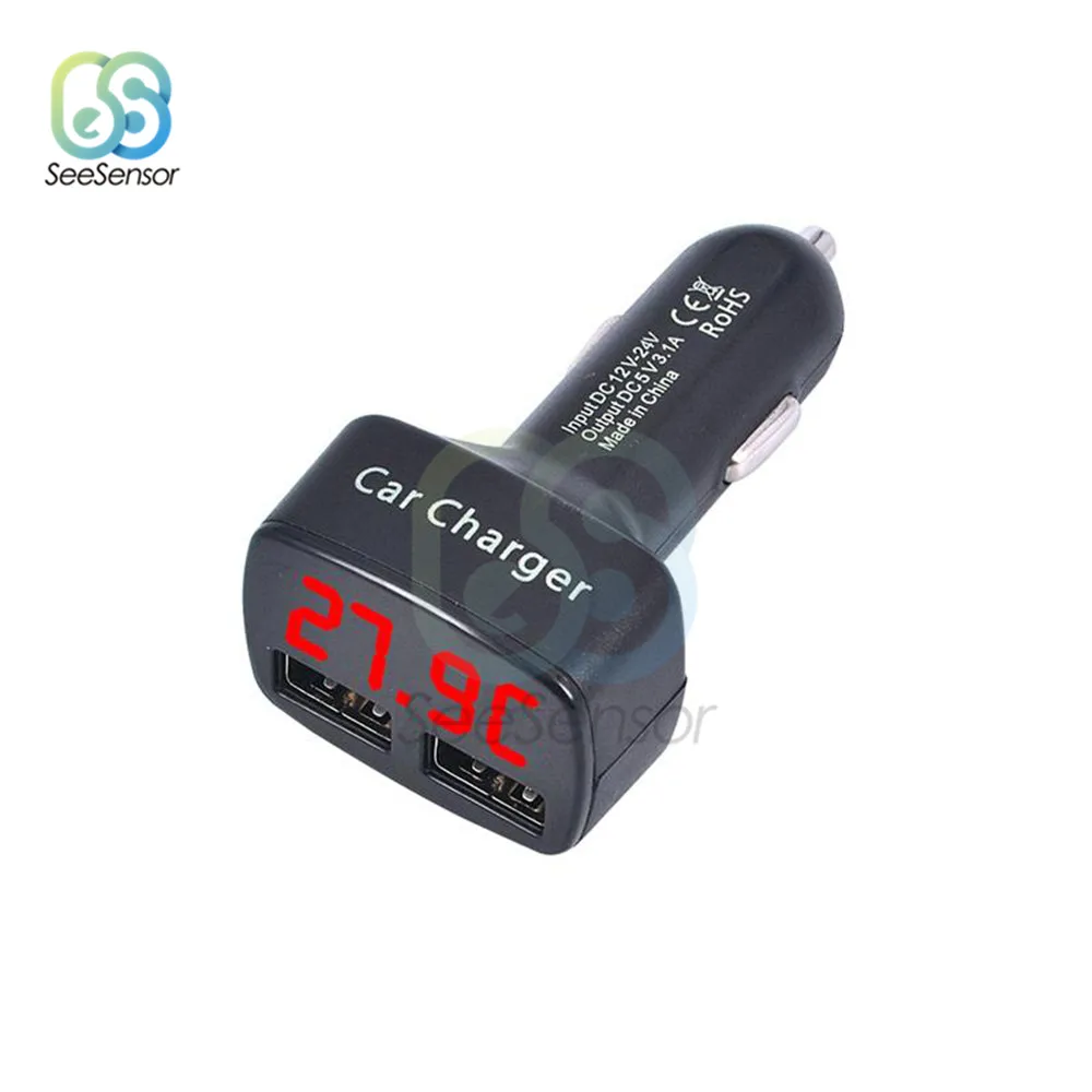 DC 5 В 3.1A 4 в 1 Dual USB Автомобильное зарядное устройство Напряжение Ток измеритель температуры цифровой светодиодный Вольтметр Амперметр термометр